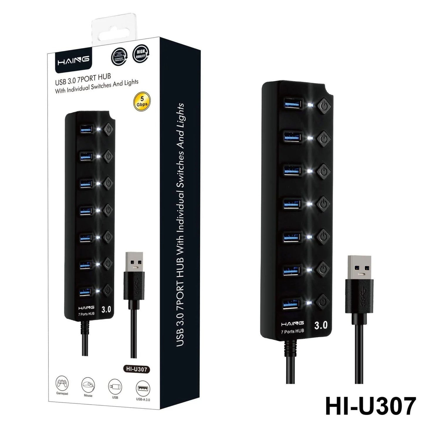 USB 3.0 7-Port Hub with Individual Switches and Lights