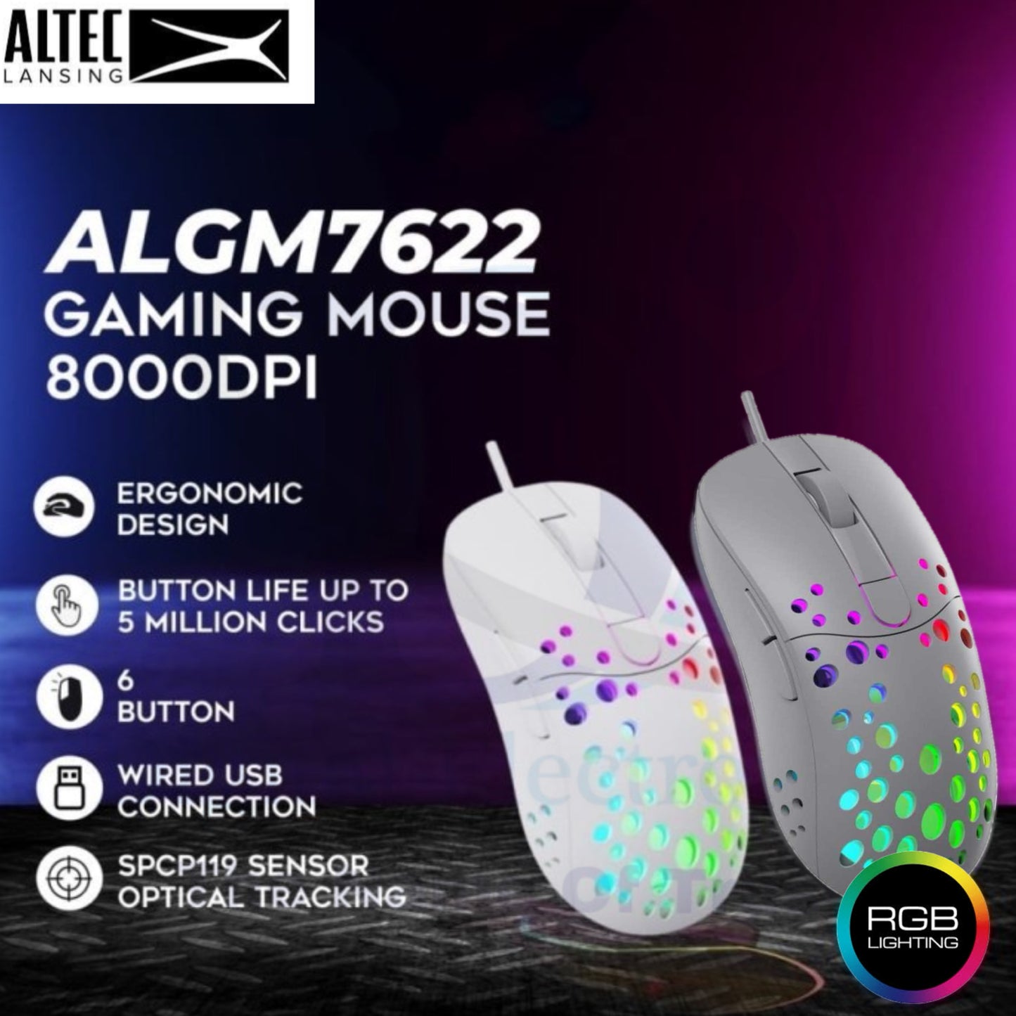 ALTEC LANSING ALGM7622 Gaming Mouse With RGB Backlit 8000dpi 6 Buttons Wired Mouse